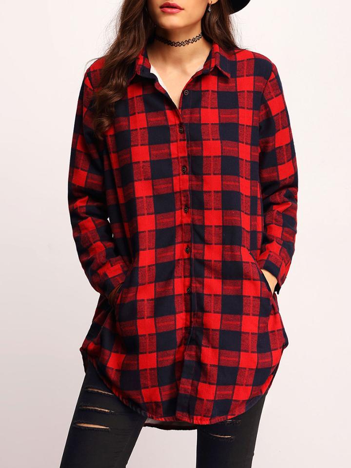 Romwe Pockets Plaid Loose Blouse