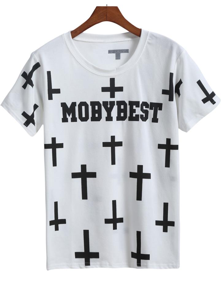 Romwe Cross Letter Print T-shirt