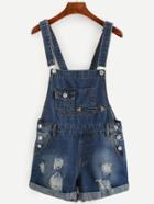 Romwe Blue Ripped Cuffed Denim Overalls With Pockets