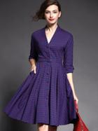 Romwe Purple V Neck Half Sleeve Drawstring Print Dress