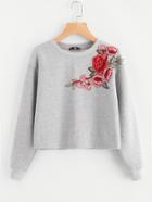 Romwe Drop Shoulder Embroidered Patch Crop Sweatshirt