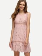 Romwe Pink Ruffle Scalloped Lace Dress