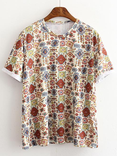 Romwe Multicolor Printed Roll-up Cuff T-shirt