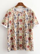 Romwe Multicolor Printed Roll-up Cuff T-shirt