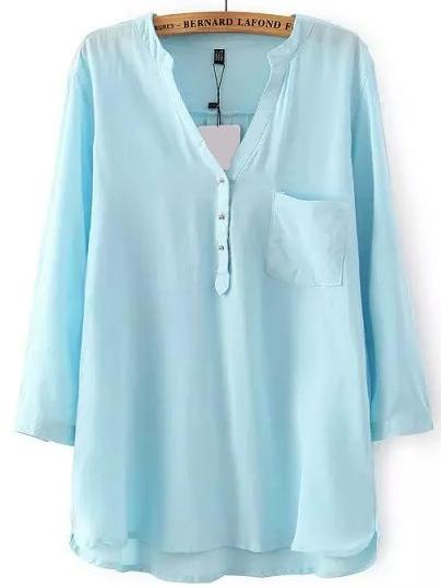 Romwe Blue V Neck Pocket Shirt