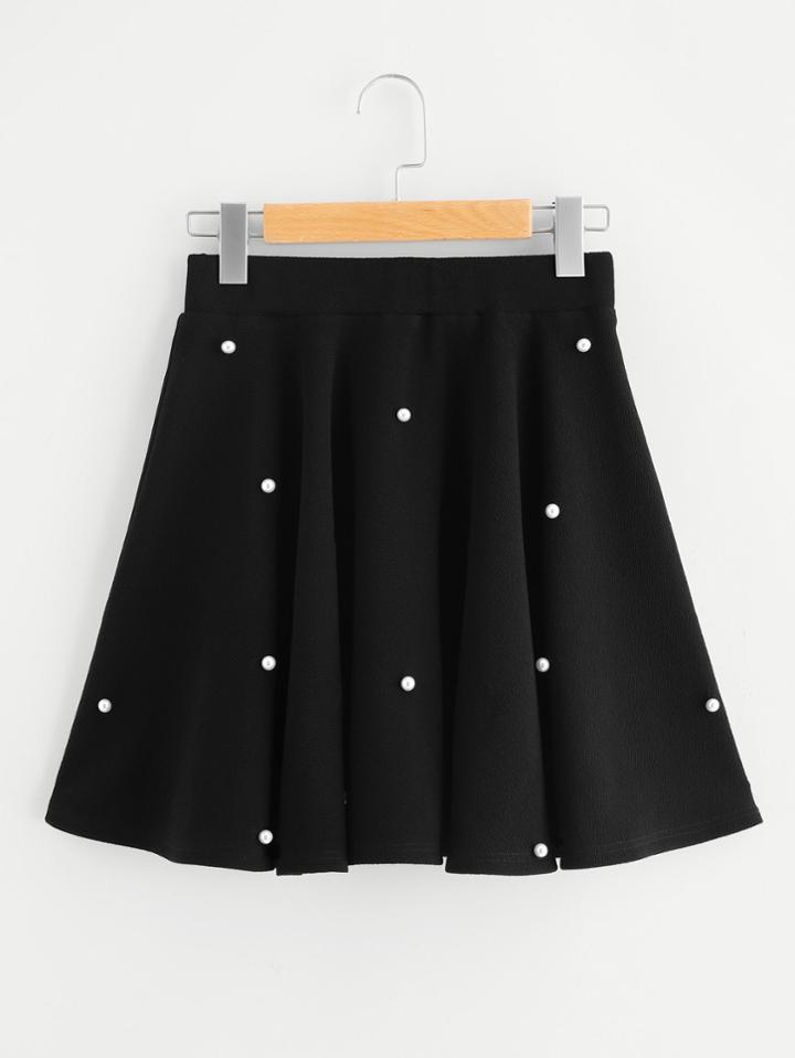 Romwe Pearl Embellished Textured Swing Skirt