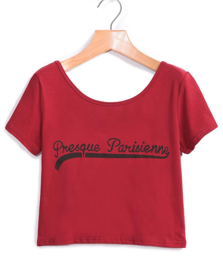 Romwe Letter Print Crop Maroon T-shirt