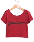 Romwe Letter Print Crop Maroon T-shirt