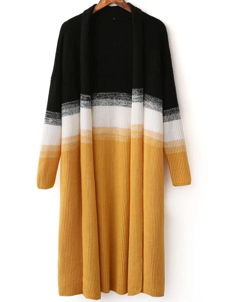 Romwe Color Block Open Front Long Cardigan