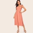 Romwe 60s Button Front Ruffle Strap Fit & Flare Dress