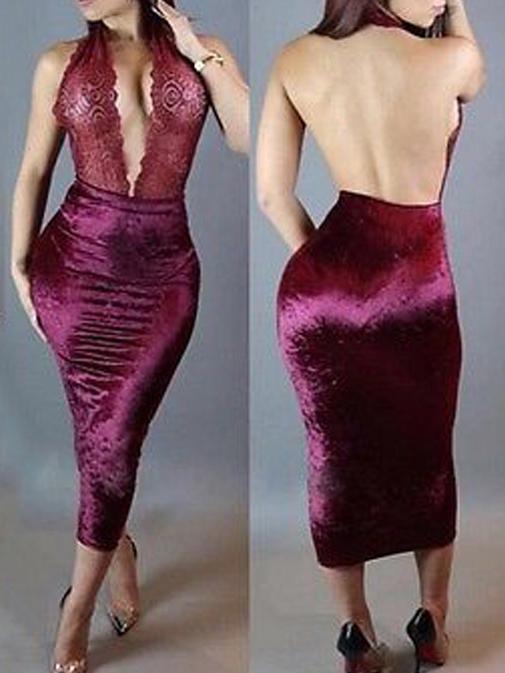 Romwe Halter Backless Lace Sexy Bodycon Dress