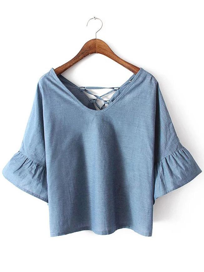 Romwe Blue V Neck Bell Sleeve Lace Up Blouse