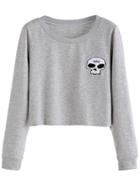Romwe Grey Skull Embroidered Patch Crop Sweatshirt