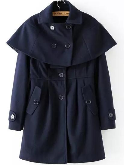 Romwe Lapel Removable Cape Navy Coat