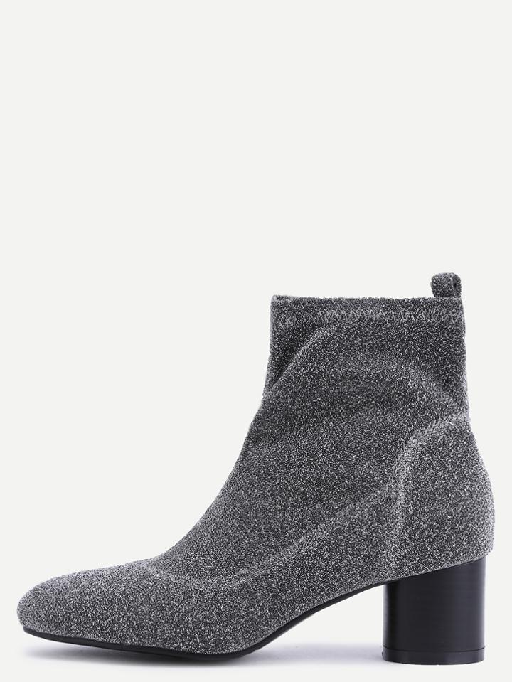 Romwe Silver Elastic Fabric Chunky Heel Short Boots