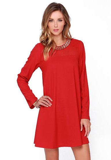 Romwe Sheer Mesh Metal Embellished Red Dress