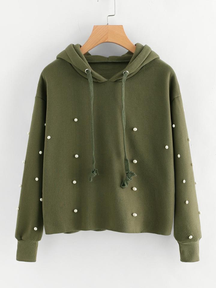 Romwe Pearl Beaded Raw Hem Hoodie
