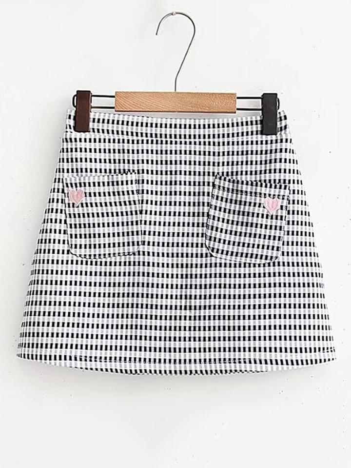 Romwe Checkered A Line Skirt With Heart Patch