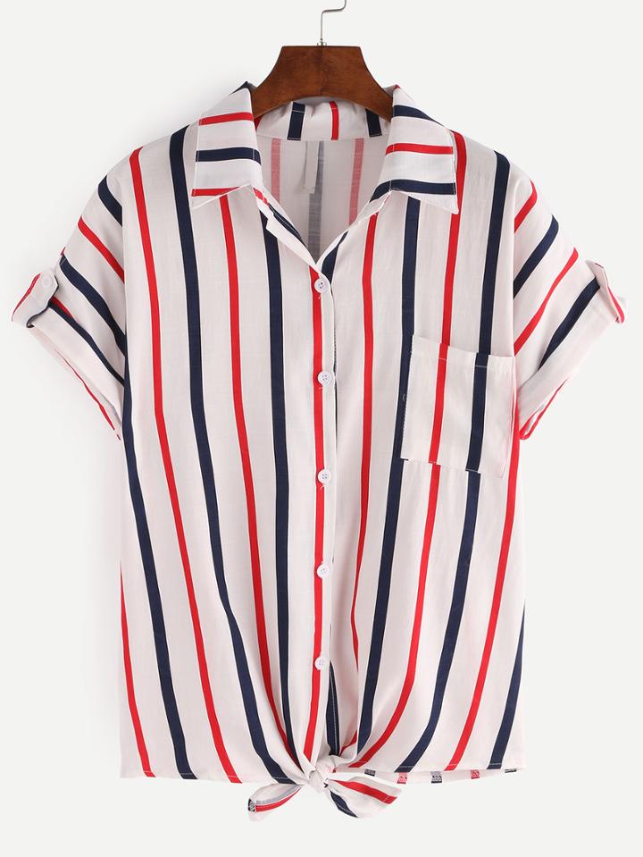 Romwe Knot-front Rolled Sleeve Multicolor Vertical Striped Blouse