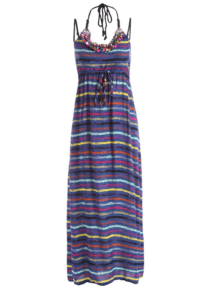 Romwe Halter With Bead Striped Blue Dress
