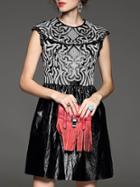 Romwe Black Round Neck Sleeveless Contrast Pu Embroidered Dress