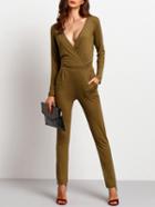 Romwe Army Green Deep V Neck Long Sleeve Jumpsuit