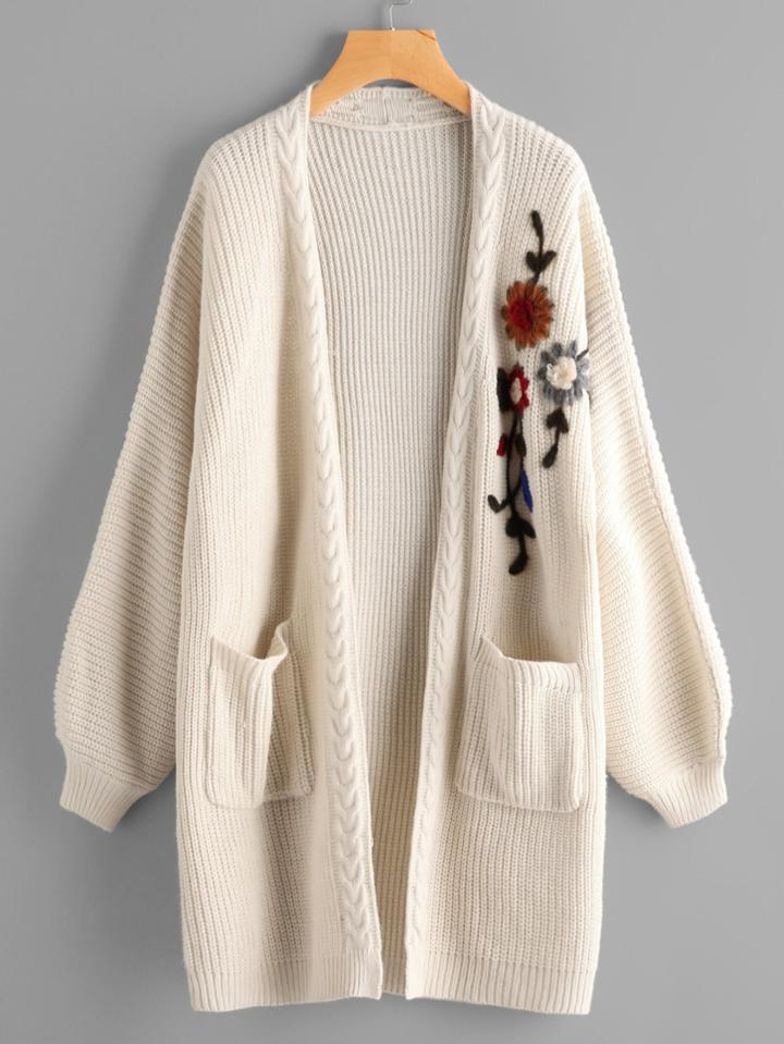 Romwe Flower Embroidered Lantern Sleeve Longline Cardigan