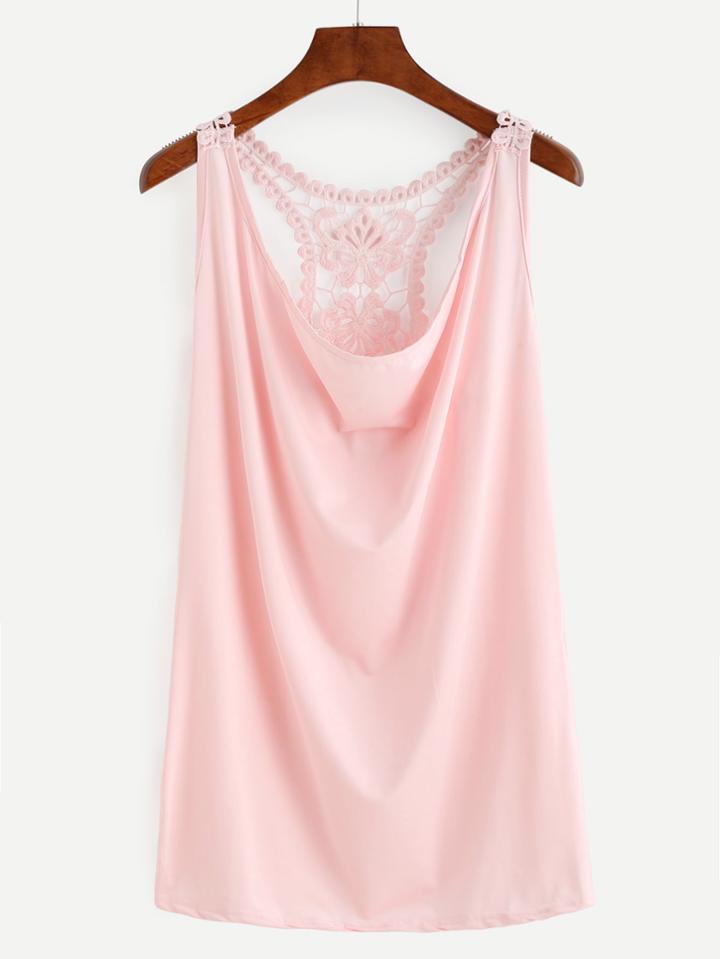 Romwe Pink Deep V Neck Racerback Lace Trim Tank Top