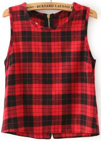 Romwe Red Round Neck Plaid Zipper Tank Top