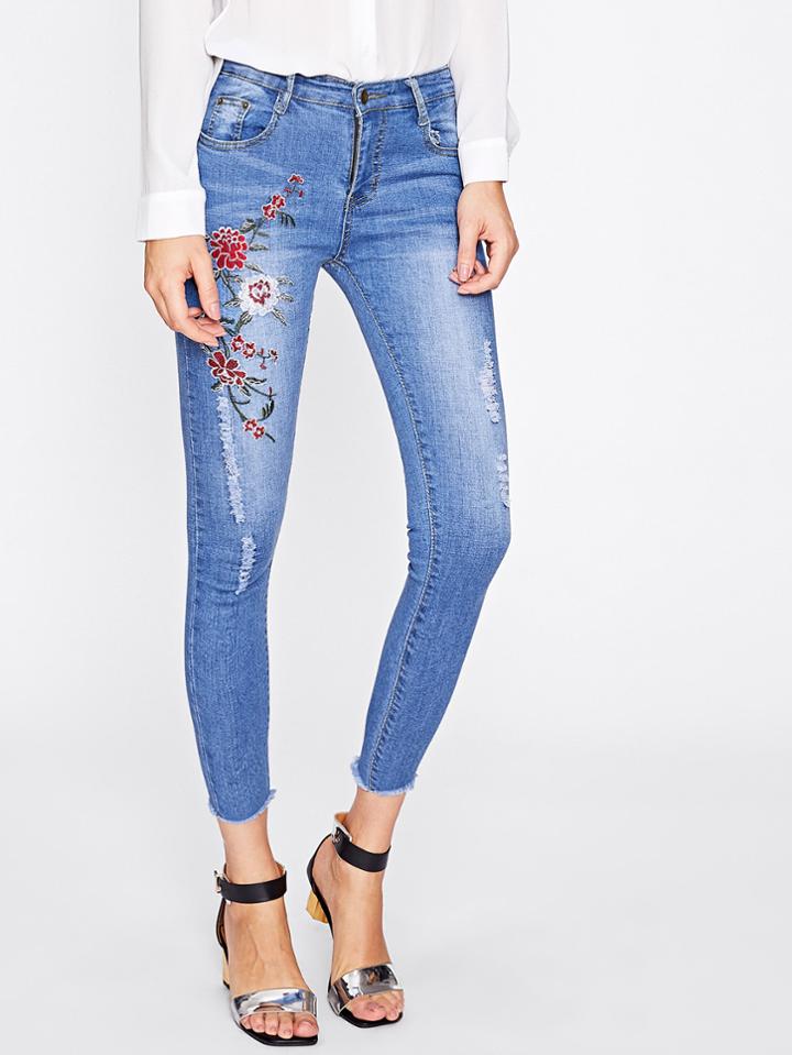 Romwe Flower Embroidered Frayed Hem Jeans
