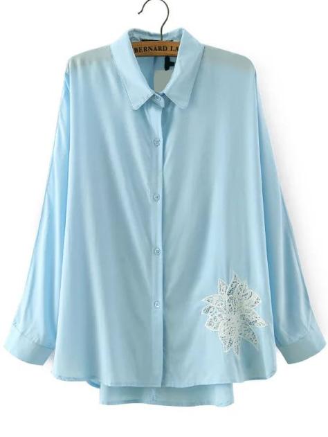 Romwe Lapel Dip Hem Lace Embroidered Blouse