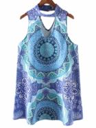 Romwe Blue Sleeveless Cut Out Vintage Print Dress
