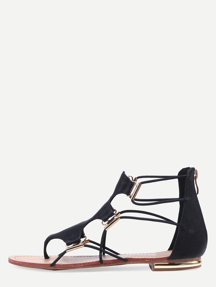 Romwe Black Zipper Cut Out Flip Flat Sandals