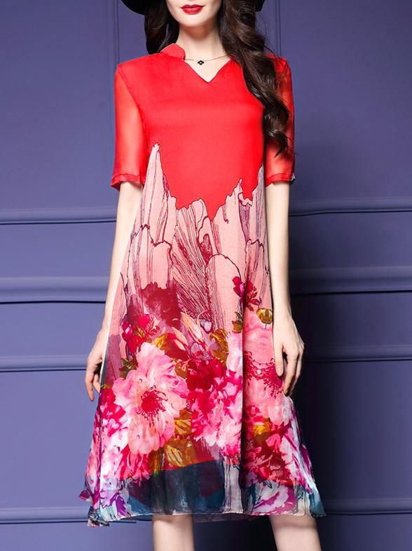 Romwe Red V Neck Print Shift Dress