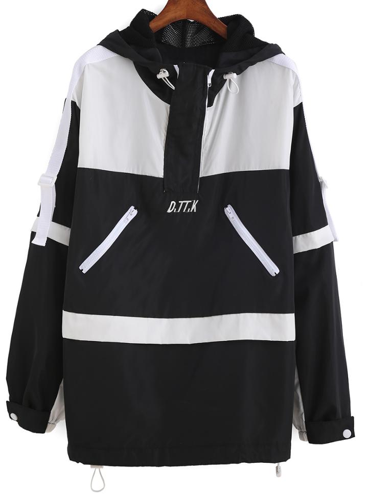 Romwe Hooded Letter Embroidered Loose Coat