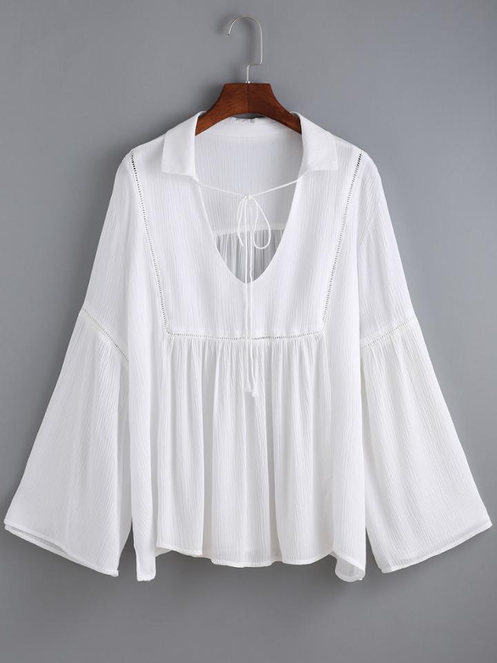 Romwe V Neck Bell Sleeve Loose White Blouse