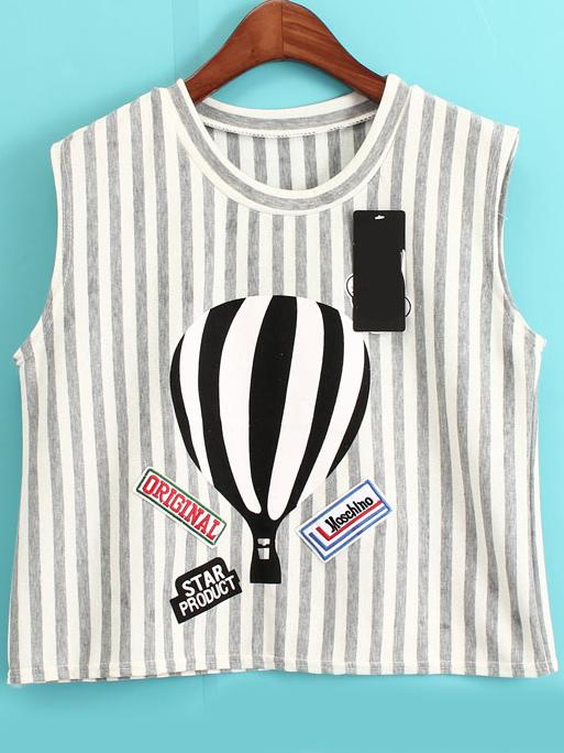 Romwe Vertical Striped Crop Grey T-shirt