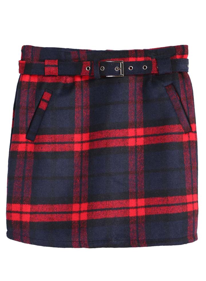 Romwe Check Print Pockets Red Bodycon Skirt