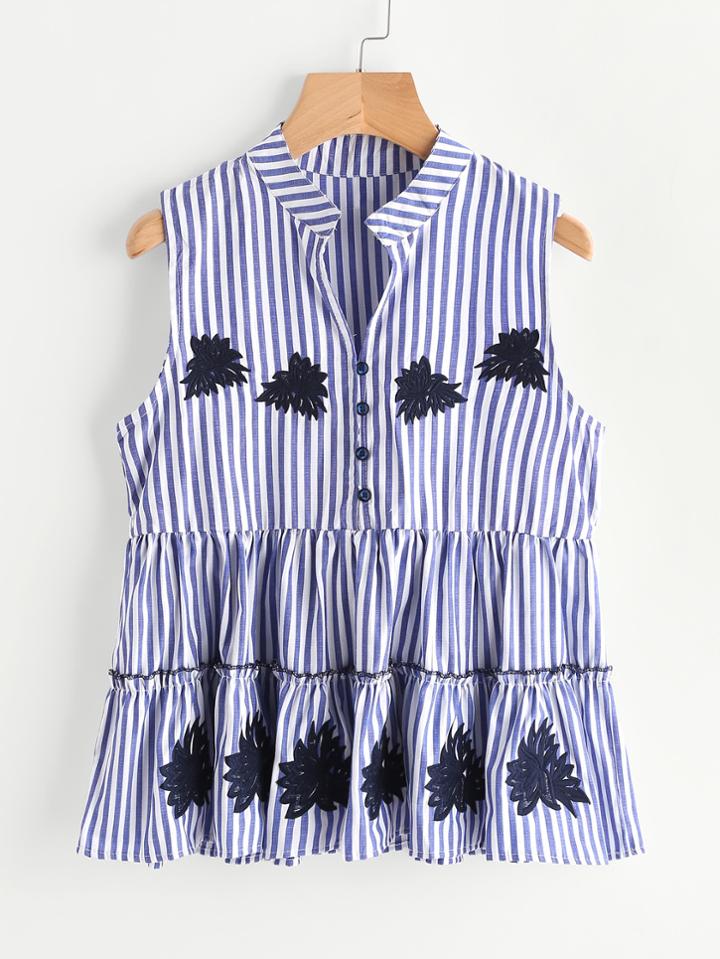 Romwe Contrast Vertical Striped Embroidery Frill Hem Top