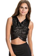 Romwe V Neck Sequined Crop Black Vest