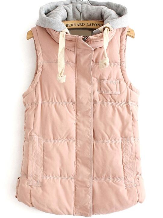 Romwe Hooded Sleeveless Pockets Pink Coat