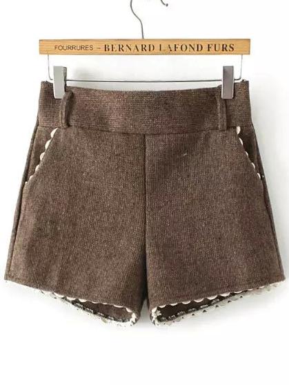 Romwe Elastic Waist Crochet Hem Brown Shorts