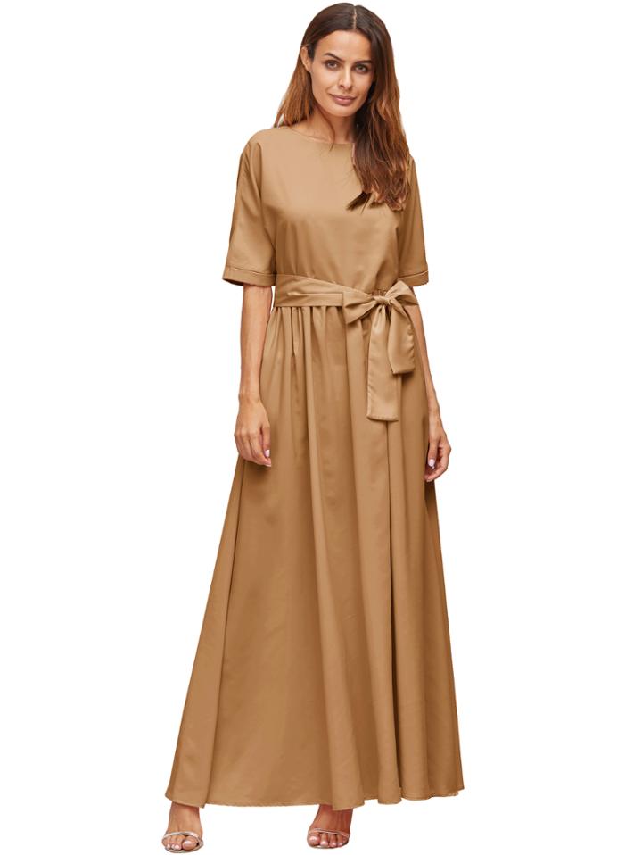 Romwe Khaki Tie Front Detail Maxi Dress