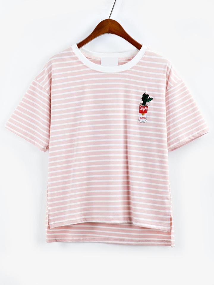Romwe Cactus Embroidered Striped High-low T-shirt - Pink