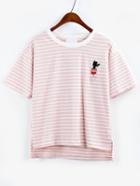 Romwe Cactus Embroidered Striped High-low T-shirt - Pink