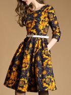 Romwe Yellow Round Neck Length Sleeve Drawstring Pockets Print Dress