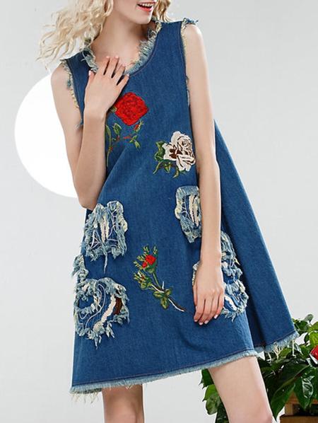 Romwe Blue Embroidered Hollow Shift Denim Dress