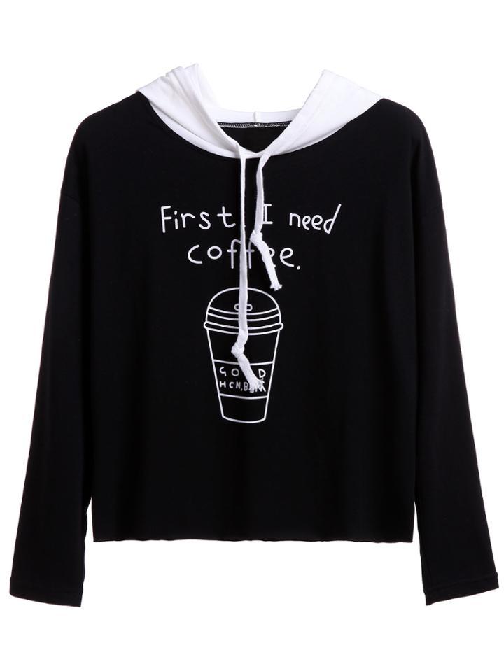 Romwe Black Coffee Cup Print Contrast Hooded Sweatshirt