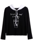 Romwe Black Coffee Cup Print Contrast Hooded Sweatshirt