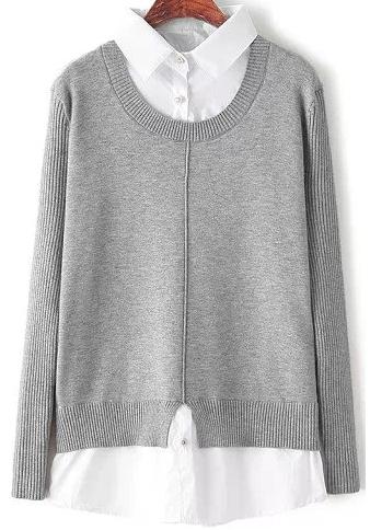 Romwe Contrast Lapel Knit Grey Sweater